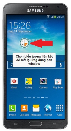 Hướng dẫn sử dụng Note 3 với S Pen: Bạn có thể mở lại ứng dụng từ biểu tượng thu gọn (mũi tên). F5-Huong-dan-su-dung-Note-3-Samsung-Galaxy-S-Pen.jpg