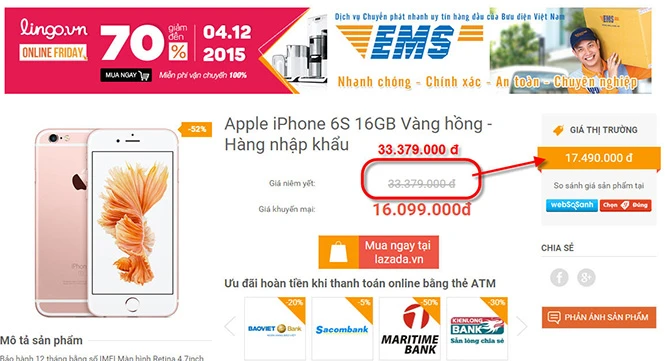 Quảng cáo iPhone 6s giảm đến 52% sau đó đã bị gỡ xuống.