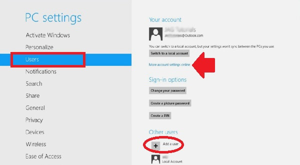 Tạo tài khoản Windows 8: Vào mục Users và bấm chọn “Add a user” (khoanh đỏ). Lưu ý ở đây bạn cũng có thể vào đường link “More account settings online” (mũi tên) để đổi tên tài khoản hiện tại. A3-Tao-tai-khoan-Windows-8-Tao-tai-khoan-Win-8.jpg