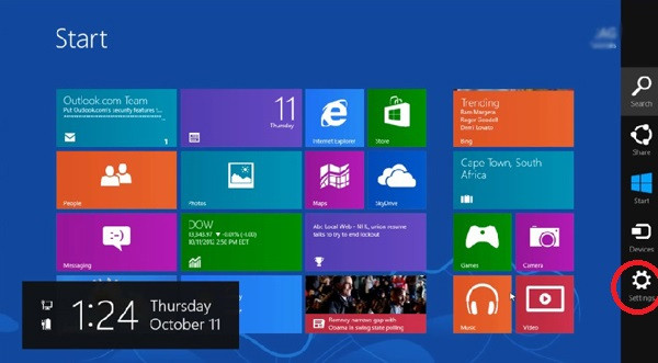 Tạo tài khoản Windows 8: Ngoài màn hình Start Screen, hãy bấm tổ hợp phím Windows + C để mở thanh Charms , sau đó chọn Settings (khoanh đỏ). A1-Tao-tai-khoan-Windows-8-Tao-tai-khoan-Win-8.jpg