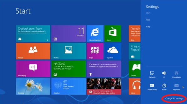 Tạo tài khoản Windows 8: Bấm đường link “Change PC settings”. A2-Tao-tai-khoan-Windows-8-Tao-tai-khoan-Win-8.jpg