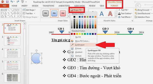 Học cách sử dụng PowerPoint 2013: Lựa chọn hình khối bạn cần đổi màu rồi bấm nút Shape Fill (khung đỏ) trong tab DRAWING TOOLS => FORMAT. Sau đó hãy chọn Eyedropper (mũi tên). F1-Huong-dan-cach-su-dung-PowerPoint-2013-5-tinh-nang-moi.jpg