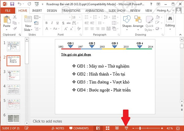 Học cách sử dụng PowerPoint 2013: Để sử dụng Presenter View, trước hết hãy cứ bật trình chiếu lên bằng nút Slide Show (mũi tên). A1-Huong-dan-cach-su-dung-PowerPoint-2013-5-tinh-nang-moi.jpg