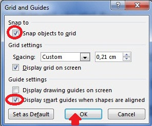Học cách sử dụng PowerPoint 2013: Trong hộp thoại “Grid and Guides”, hãy đánh dấu chọn “Snap objects to grid” (khoanh đỏ) và có thể cả “Display smart guides when shapes are aligned”. D2-Huong-dan-cach-su-dung-PowerPoint-2013-5-tinh-nang-moi.jpg