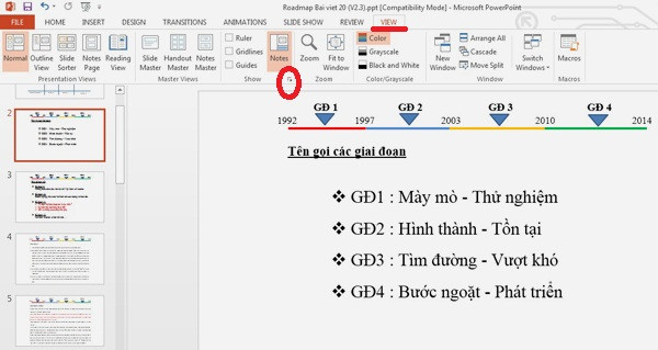 Học cách sử dụng PowerPoint 2013: Vào tab VIEW, nhấn biểu tượng mở hộp thoại trong nhóm Show (khoanh đỏ). D1-Huong-dan-cach-su-dung-PowerPoint-2013-5-tinh-nang-moi.jpg