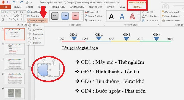 Học cách sử dụng PowerPoint 2013: Hãy chọn các hình khối cần ghép (khoanh đỏ) rồi dùng công cụ Merge Shapes (mũi tên) nằm trong tab DRAWING TOOLS => FORMAT với nhiều kiểu ghép hình khối khác nhau. E1-Huong-dan-cach-su-dung-PowerPoint-2013-5-tinh-nang-moi.jpg
