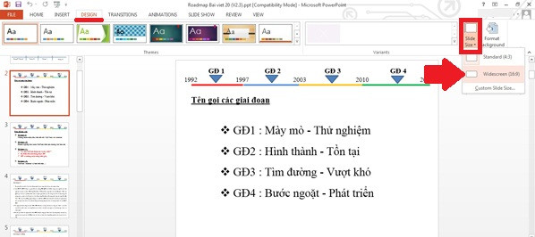 Học cách sử dụng PowerPoint 2013: Để dùng màn trình chiếu 16:9, bạn chỉ vào tab DESIGN, bấm nút Slide Size (khung đỏ), và chọn Widescreen 16:9 (mũi tên). B1-Huong-dan-cach-su-dung-PowerPoint-2013-5-tinh-nang-moi.jpg