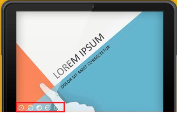 6 thao tác màn hình cảm ứng Microsoft Office 2013: Với PowerPoint 2013, khi đang bật trình chiếu toàn màn hình, sẽ có một thanh công cụ điều khiển nằm ẩn đi (khung đỏ). Để hiển thị thanh công cụ này, bạn có một cách đơn giản là gõ lên màn hình. F1-Microsoft-Office-2013-6-thao-tac-man-hinh-cam-ung.jpg