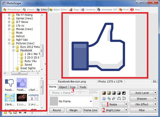Hướng dẫn sử dụng PhotoScape: Vào tab Editor, ta sẽ thấy các công cụ chỉnh sửa ảnh cơ bản nằm phía dưới, ví dụ như nút Resize (1) để chỉnh kích cỡ, nút Bright Color (2) để chỉnh độ sáng, hay mục Crop (3) để cắt xén ảnh… D2-Huong-dan-su-dung-PhotoScape-Tai-PhotoScape.jpg