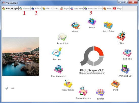 Hướng dẫn sử dụng PhotoScape: Trong giao diện chính của PhotoScape, mỗi tab là một công cụ. Ví dụ một số công cụ như Viewer (1) để xem ảnh, Editor (2) để chỉnh sửa ảnh hay Animated GIF (3) để tạo ảnh động. D1-Huong-dan-su-dung-PhotoScape-Tai-PhotoScape.jpg