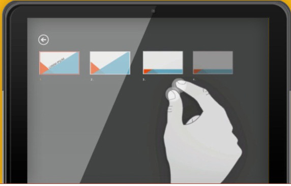 6 thao tác màn hình cảm ứng Microsoft Office 2013: Khi đang bật trình chiếu toàn mình với PowerPoint 2013, bạn có thể khép 2 ngón tay vào nhau trên màn hình để xem danh sách tất cả các slide và tùy chọn chuyển sang slide nào mình cần. G1-Microsoft-Office-2013-6-thao-tac-man-hinh-cam-ung.jpg