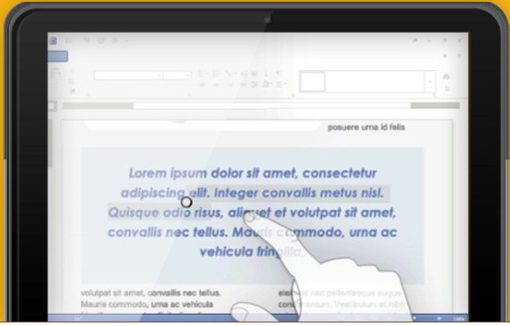 6 thao tác màn hình cảm ứng Microsoft Office 2013: Bạn lựa chọn một khối chữ bằng cách nhấn vào một điểm trong văn bản và điều chỉnh tay nắm điểm bắt đầu và kêt thúc. D1-Microsoft-Office-2013-6-thao-tac-man-hinh-cam-ung.jpg
