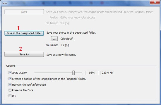 Hướng dẫn sử dụng PhotoScape: Sau khi chỉnh sửa xong, hãy bấm tổ hợp Ctrl + S để lưu sản phẩm. Bạn có thể lựa chọn nút “Save in the designated folder” (nút 1) để lưu vào một thư mục định sẵn hoặc nút Save As (nút 2) để lưu bằng tên khác. D3-Huong-dan-su-dung-PhotoScape-Tai-PhotoScape.jpg