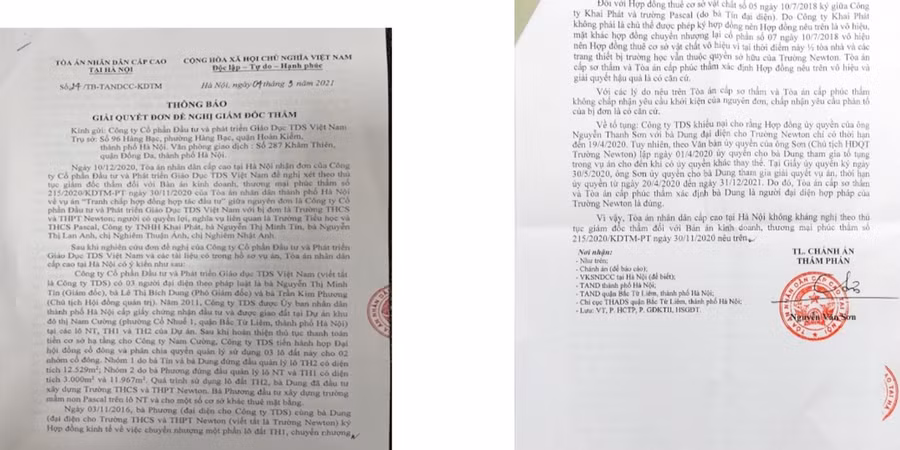 Văn bản của Tòa án nhân dân cấp cao tại Hà Nội (NTCC).