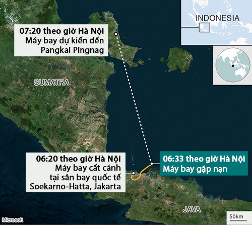 Lộ trình của chuyến bay JT 610 và vị trí máy bay gặp nạn. Lộ trình của chuyến bay JT 610 và vị trí máy bay gặp nạn. Ảnh: BBC.
