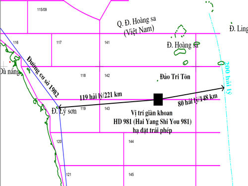 Bản đồ xác định vị trí giàn khoan Hải Dương-981 nằm bất hợp pháp trong vùng đặc quyền kinh tế, thềm lục địa của Việt Nam