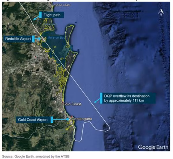 Đường bay của máy bay chệch hướng. (Ảnh: ATSB)