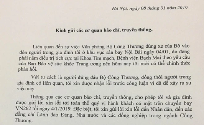 Thư xin lỗi của Bộ trưởng Bộ Công Thương Trần Tuấn Anh