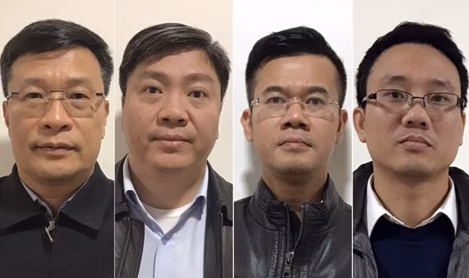 Các bị can (từ trái sang): Ngô Duy Chính, Nguyễn Xuân Giáp, Phạm Hồng Quang, Đặng Thanh Nam