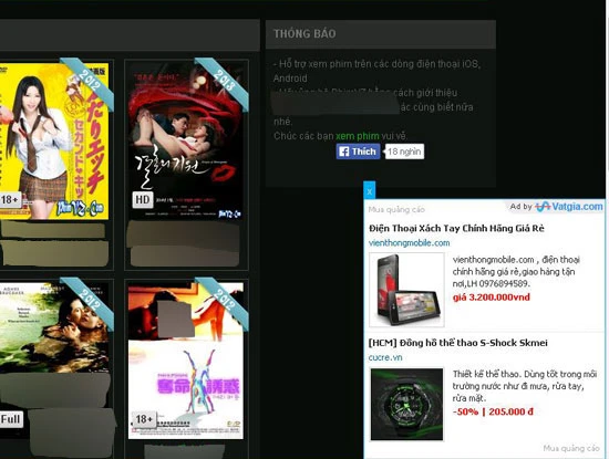 Banner có dòng chữ Ad by Vatgia.com trên một trang web phim sex ngày 7/3/2014. Ảnh chụp màn hình.