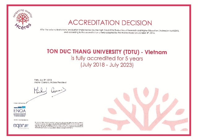 Chứng nhận TDTU đạt chuẩn kiểm định bởi Hội đồng cấp cao về kiểm định nghiên cứu và giáo dục (HCÉRES), Cộng hòa Pháp Chứng nhận TDTU đạt chuẩn kiểm định bởi Hội đồng cấp cao về kiểm định nghiên cứu và giáo dục (HCÉRES), Cộng hòa Pháp
