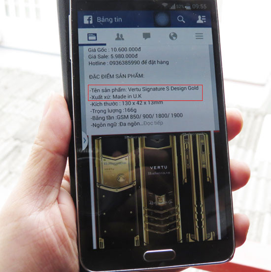Quảng cáo sai sự thật, Vertu giá bèo Trung Quốc được giới thiệu "Made in U.K" để qua mặt khách hàng trên fanpage Hotbuyvn.