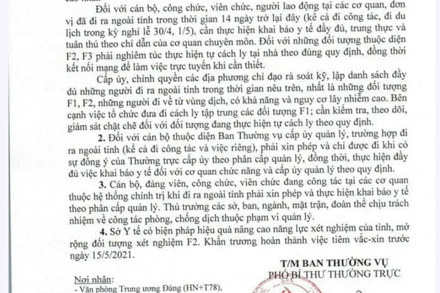 Công văn hỏa tốc của Tỉnh ủy Bình Phước về tăng cường phòng chống dịch Covid-19.