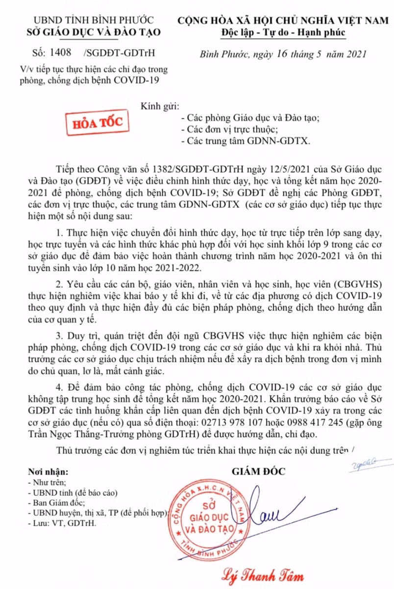 Công văn hỏa tốc (ngày 16/5) của Sở GD&amp;ĐT tỉnh Bình Phước.