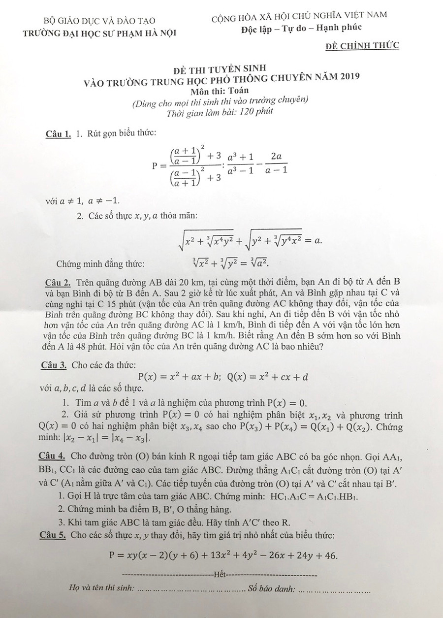 Đề thi Toán Trường THPT chuyên ĐH Sư phạm Đề thi Toán Trường THPT chuyên ĐH Sư phạm