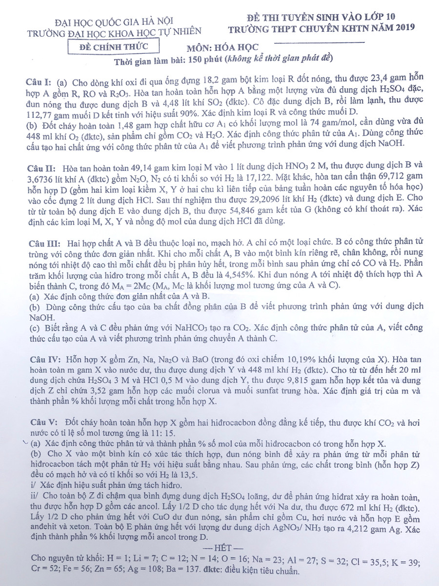 Đề thi môn Hóa học Đề thi môn Hóa học
