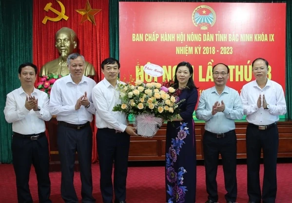 Lãnh đạo tỉnh Bắc Ninh tặng hoa chúc mừng tân Chủ tịch Hội Nông dân tỉnh Bắc Ninh - Nguyễn Thị Lệ Tuyết.