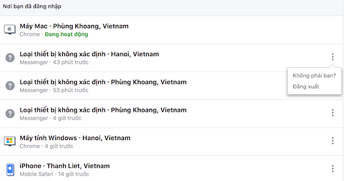 Danh sách các thiết bị và địa điểm người dùng đã đăng nhập tài khoản Facebook.