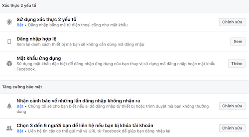 Các thiết lập tăng cường bảo mật cho tài khoản Facebook.