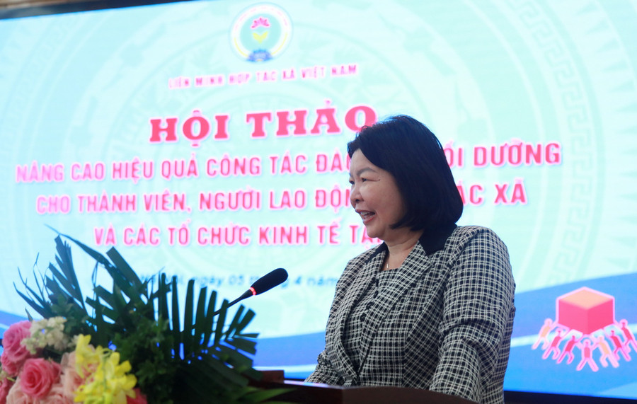 Chủ tịch Liên minh HTX Việt Nam Cao Xuân Thu Vân phát biểu tại hội thảo.