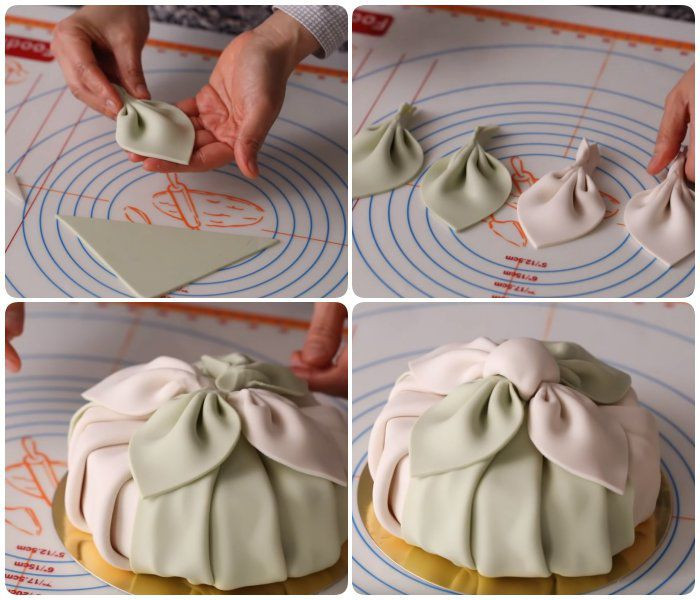 Làm nơ và phần núm buộc cũng bằng bột rồi gắn vào bên trên như chiếc túi.