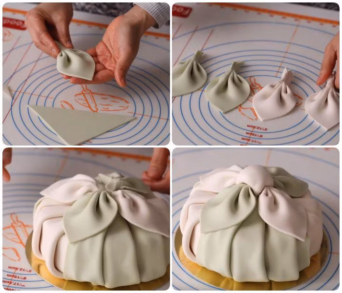 Làm nơ và phần núm buộc cũng bằng bột rồi gắn vào bên trên như chiếc túi.