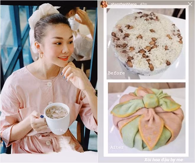 Thanh Hằng quyết "không đầu hàng" trước món xôi hoa đậu kiểu Hàn. Đây là món ăn không chỉ đòi hỏi về độ thơm ngon mà còn phải đạt tính thẩm mỹ nên nàng siêu mẫu đã thách đấu với bản thân. Và cô đã có món "Bojagi cake" trông như những lớp vải bọc được gói khéo léo.