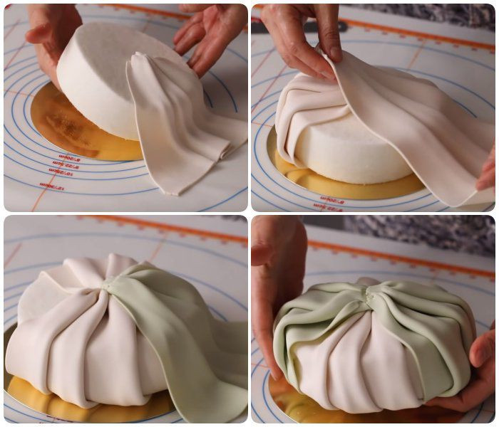 Xếp các dải khăn đã tạo hình lên phần nhân bánh (nhân ở đây sẽ được thay thế là xôi) để tạo thành hình chiếc túi, phần dưới đáy gập lại.