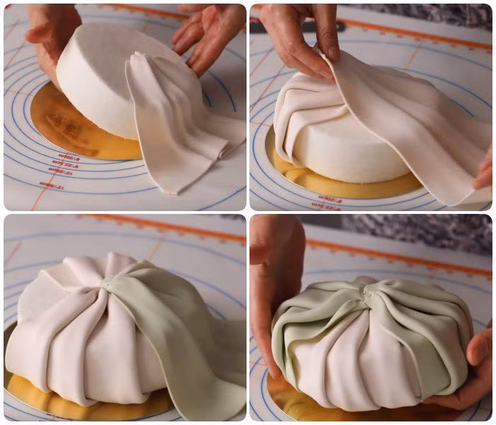 Xếp các dải khăn đã tạo hình lên phần nhân bánh (nhân ở đây sẽ được thay thế là xôi) để tạo thành hình chiếc túi, phần dưới đáy gập lại.