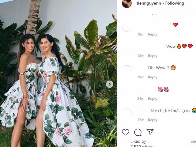 Nhân ngày của mẹ, Tiên Nguyễn đã đăng tải hàng loạt hình ảnh mix-match đồ phong cách với mẹ đẻ - doanh nhân Lê Hồng Thủy Tiên. Dưới bài đăng của người đẹp sinh năm 1997, có hằng hà sa số lời khen ngợi dành cho hai mẹ con, thậm chí bà Thủy Tiên còn nổi bật hơn con gái khi được khen trẻ đẹp, “trông giống hai chị em”,...