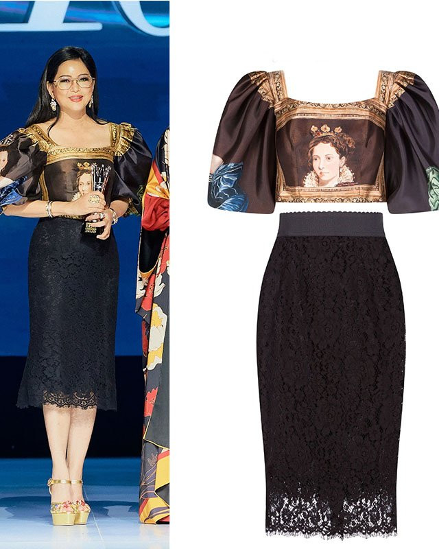 Diện cả cây đồ của Dolce&amp;Gabbana lấy cảm hứng từ phong cách hoàng tộc, mẹ chồng Tăng Thanh Hà đã thể hiện trọn vẹn sự nữ tính và quyền uy tựa nữ vương thời xưa trong set áo corset, váy ren, giày ánh kim lấp lánh.