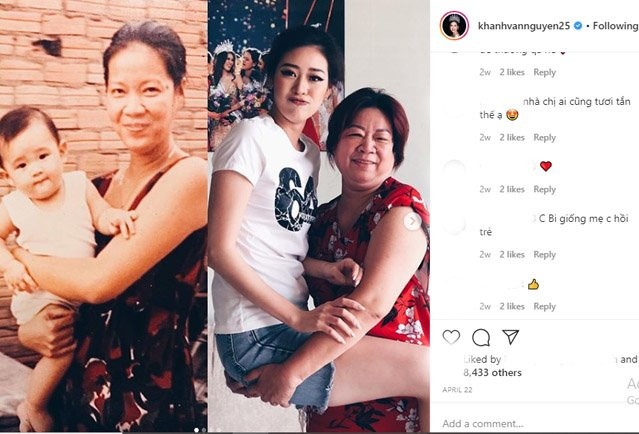 Hoa hậu Khánh Vân thừa hưởng vẻ ngoài rạng rỡ và khuôn miệng cười của mẹ mình. Ngoài ra, đường nét gương mặt của cả hai mẹ con cũng có đôi phần giống nhau.