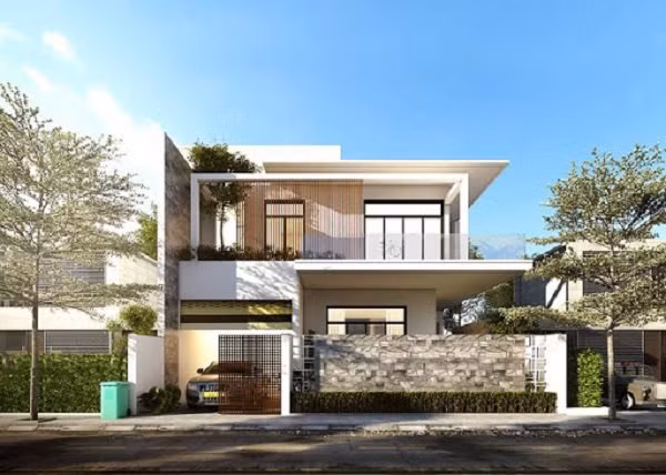 Thay vì sử dụng mái thái thông thường, hãy thay thế chúng bằng mẫu mái bằng đơn giản hoặc mẫu mái hình khối, vuông thành sắc cạnh.