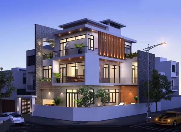 Biệt thự 3 tầng sáng hẳn một góc phố khi về chiều.