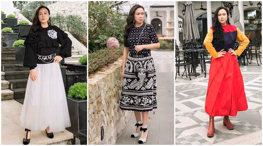 Ngoài đầm suông, cô còn luôn chọn diện đồ theo công thức chân váy dài xòe bồng mix match cùng cùng áo đơn giản. Đây được cho là chiêu bài ăn diện đánh lạc hướng truyền thông nghi ngờ rằng mình đang mang thai.