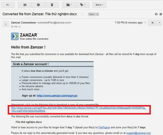 Đổi đuôi docx sang doc online: Kiểm tra hòm e-mail và nếu có thư báo từ Zamzar, hãy mở ra và bấm đường link dùng để tải về. B4,5-Doc-file-docx-Doi-duoi-docx-sang-doc-online-Chuyen-docx-sang-doc-Cach-chuyen-file-docx-sang-doc.jpg