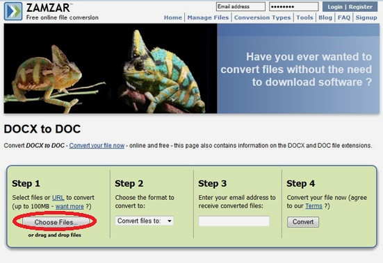 Đổi đuôi docx sang doc online: Vào trang chuyên đổi đuôi docx sang doc của zamzar.com và bắt đầu chọn file cần đổi đuôi bằng cách bấm nút Choose Files (khoanh đỏ). B1-Doc-file-docx-Doi-duoi-docx-sang-doc-online-Chuyen-docx-sang-doc-Cach-chuyen-file-docx-sang-doc.jpg