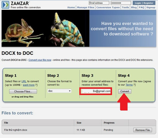 Đổi đuôi docx sang doc online: Nhập địa chỉ e-mail của bạn vào khung đỏ rồi bấm Convert (mũi tên). B3-Doc-file-docx-Doi-duoi-docx-sang-doc-online-Chuyen-docx-sang-doc-Cach-chuyen-file-docx-sang-doc.jpg