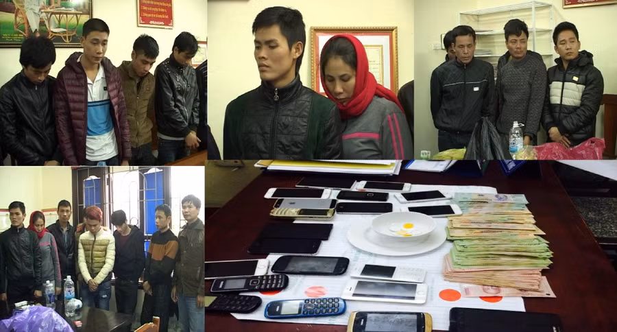 Các đối tượng trong chiếu bạc và tang vật thu được. Ảnh do Công an Thanh Hóa cung cấp.