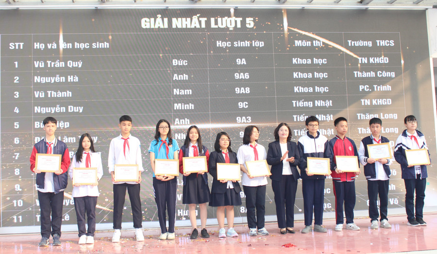 Cô Tô Thị Hải Yến - Hiệu trưởng Trường THCS Giảng Võ trao giải cho học sinh. Cô Tô Thị Hải Yến - Hiệu trưởng Trường THCS Giảng Võ trao giải cho học sinh.